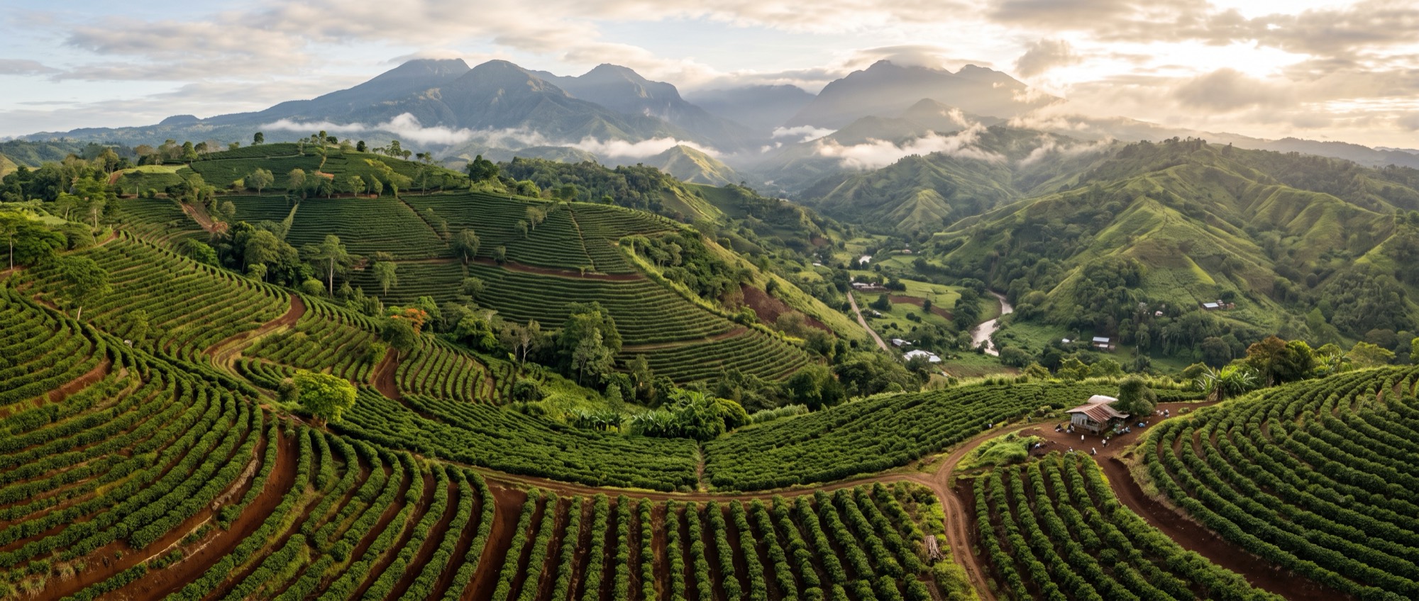 Highland coffee-growing country in Bukidnon, Philippines — ridged green slopes under cloud.